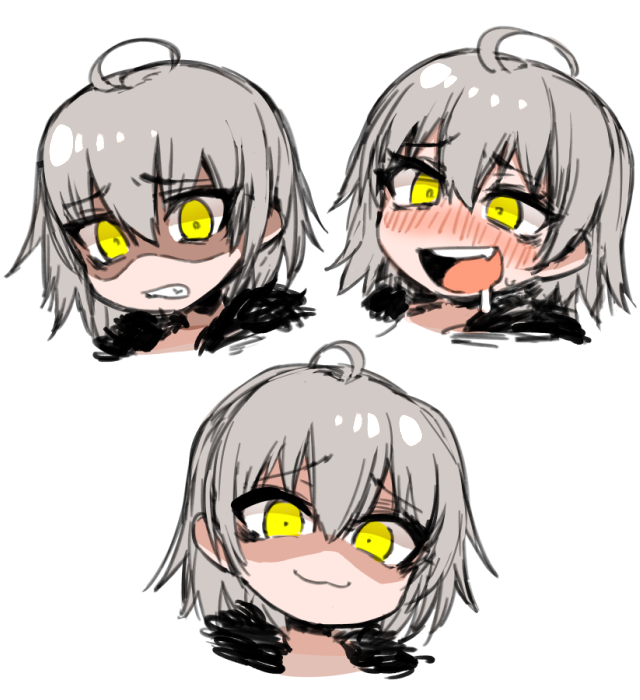 :3 :d ahoge blush chibi commentary disgust drooling english_commentary expressions eyebrows_visible_through_hair fang fate/grand_order fate_(series) fur_trim grey_hair hair_between_eyes j.k. jeanne_d'arc_(alter)_(fate) jeanne_d'arc_(fate)_(all) looking_at_viewer multiple_views nose_blush open_mouth shaded_face short_hair simple_background smile smug sweatdrop white_background yellow_eyes