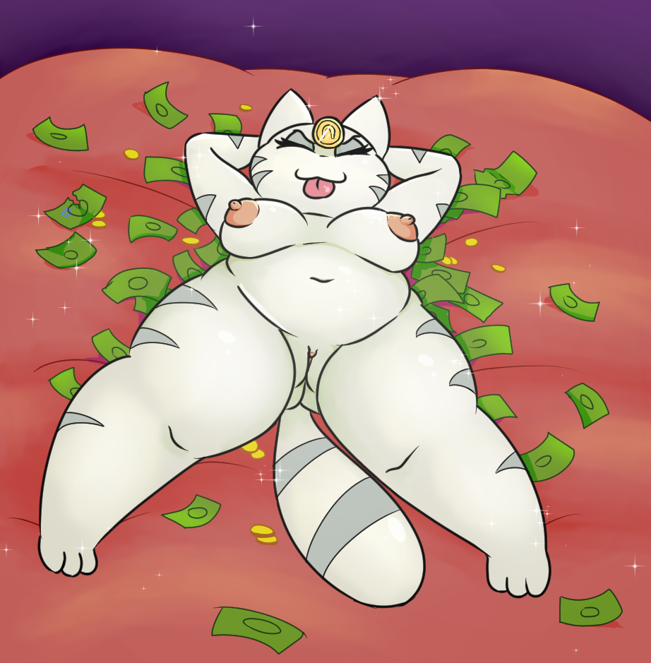 anthro breasts coin feline female grey_skin iguanasarecool lucky_slime lying mammal markings money nipples pillow pussy shiny slightly_chubby slime slime_rancher solo thick_thighs tongue video_games