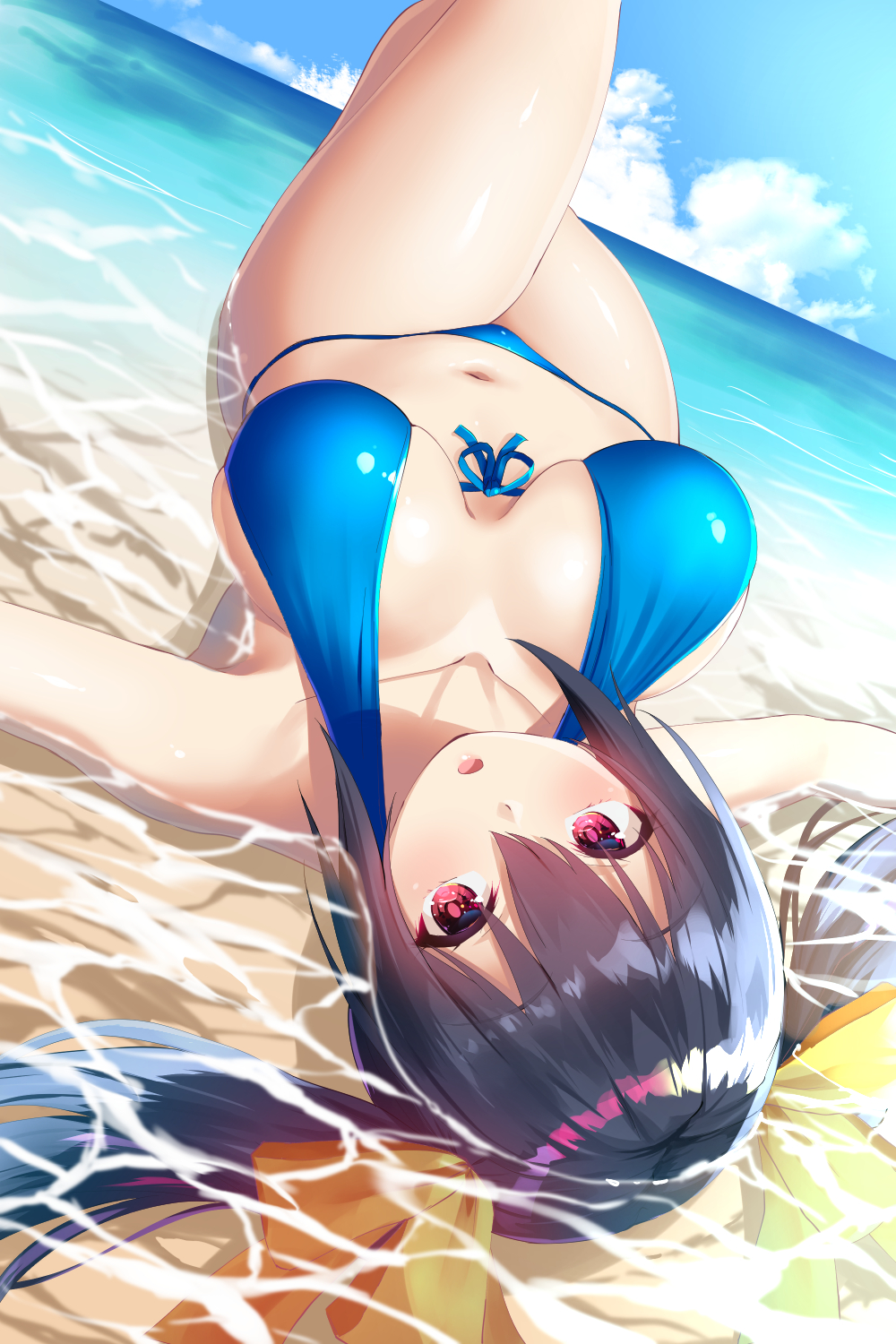 beach bikini black_hair blue_bikini breasts breasts_apart commentary_request day dutch_angle eyebrows_visible_through_hair front-tie_bikini front-tie_top hair_between_eyes hair_ribbon highres horizon large_breasts looking_at_viewer lying navel neptune_(series) noire ocean oekakizuki on_back on_water open_mouth outdoors outstretched_arms partially_submerged pink_eyes red_eyes ribbon sand solo swimsuit twintails upside-down