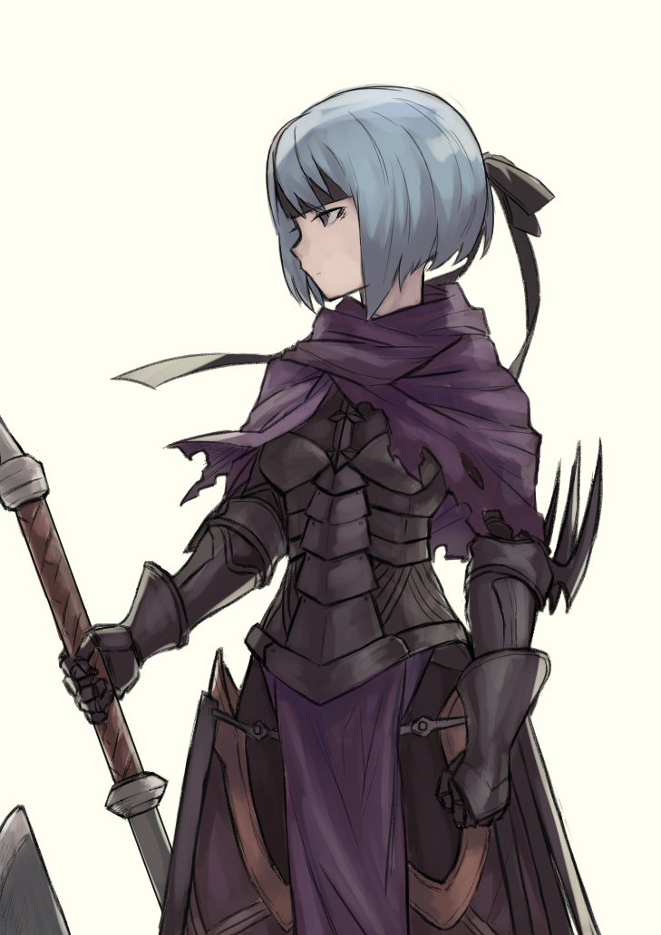 arm_blade armor armored_boots axe berka_(fire_emblem_if) black_eyes boots breasts capelet cowboy_shot fire_emblem fire_emblem_if gauntlets headband pelvic_curtain profile short_hair silver_hair simple_background small_breasts solo weapon white_background yuhkirby