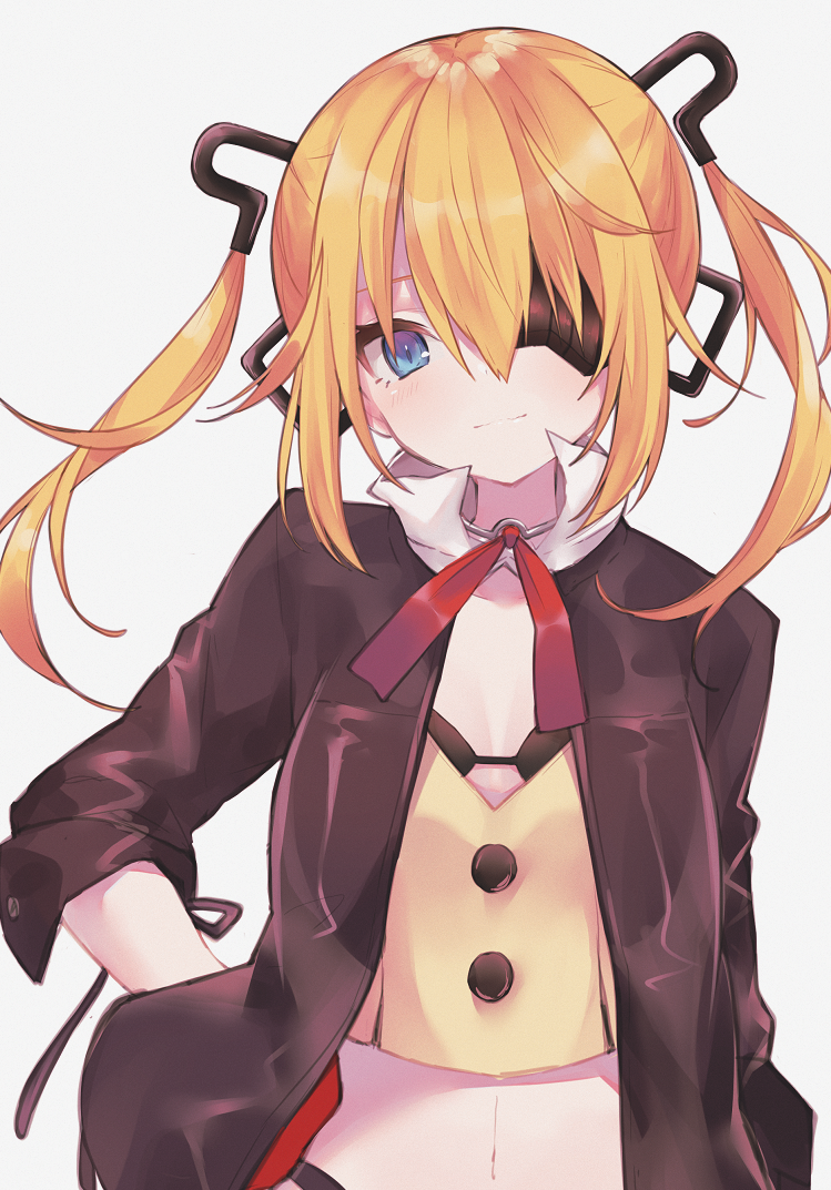 bangs black_bikini_top blonde_hair blue_eyes brown_jacket closed_mouth commentary crop_top eyepatch girls_frontline grey_background hair_between_eyes hand_on_hip head_tilt headgear jacket long_hair long_sleeves looking_at_viewer mimelond open_clothes open_jacket sidelocks simple_background solo twintails vz.61_(girls_frontline)