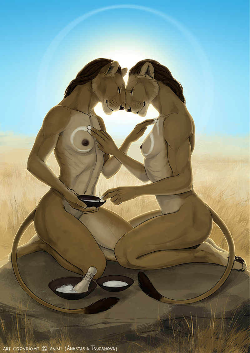 2018 anisis anthro breasts brown_hair day detailed_background digital_media_(artwork) duo feline female hair kneeling lion mammal nipples outside sky smile sun tribal