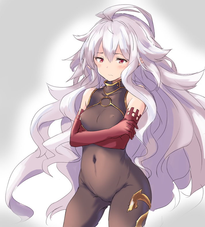 antenna_hair ass_visible_through_thighs bangs bare_shoulders black_bodysuit blush bodysuit breasts closed_mouth commentary_request covered_navel cowboy_shot crossed_arms elbow_gloves frown gloves gradient gradient_background grey_hair hair_between_eyes long_hair looking_away looking_down medusa_(shingeki_no_bahamut) purple_gloves red_eyes shingeki_no_bahamut sketch skin_tight small_breasts solo very_long_hair wavy_hair yu-ves