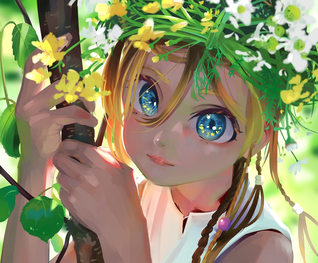 blonde_hair blue_eyes closed_mouth commentary daisy eyes flower hair_between_eyes hands_up head_wreath leaf litra_(ltr0312) looking_at_viewer original smile solo symbol_commentary white_flower
