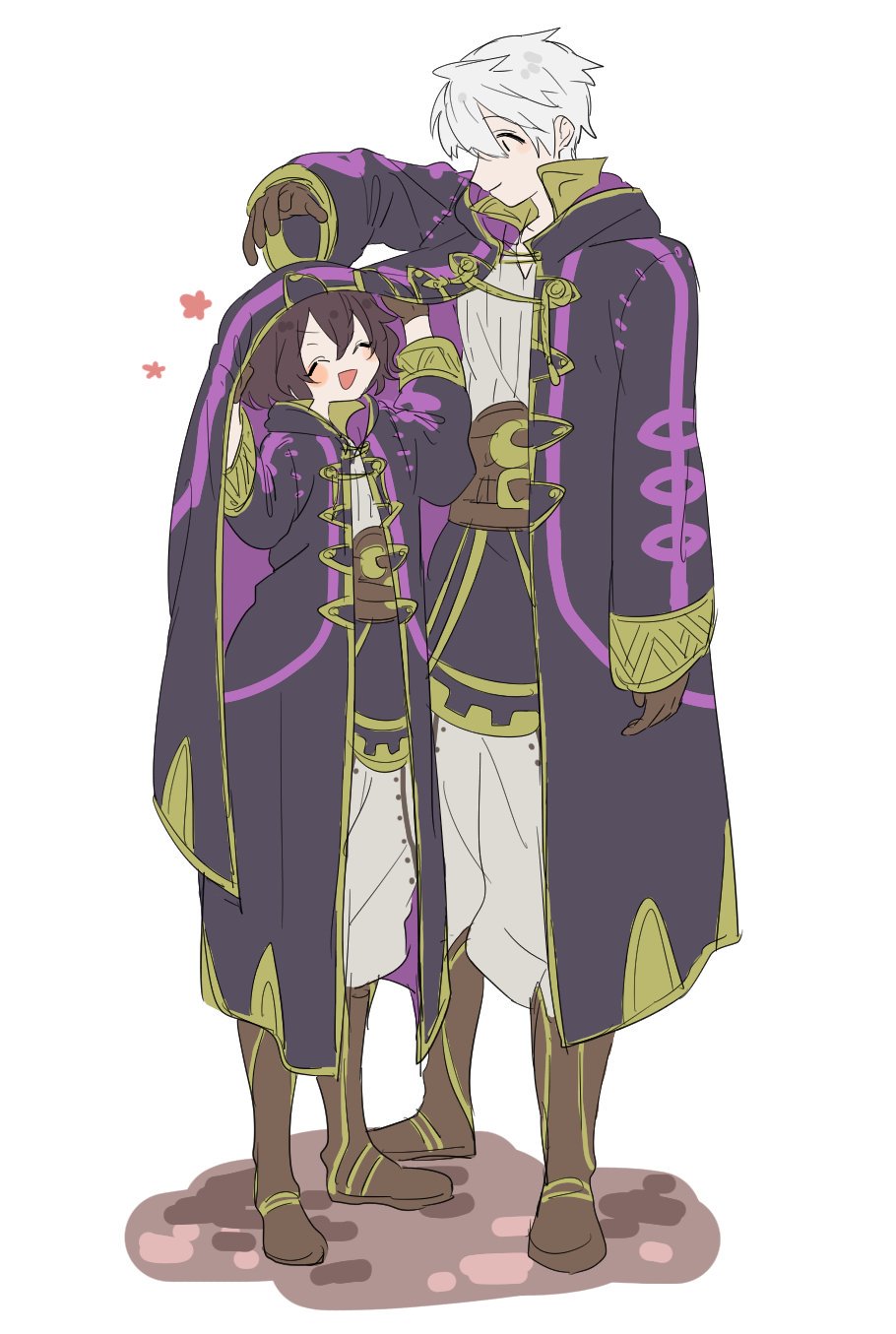 1girl ^_^ ^o^ blush_stickers boots brown_hair closed_eyes coat commentary_request fantasy father_and_daughter fire_emblem fire_emblem:_kakusei full_body gloves gold_trim highres itou_(very_ito) leather leather_gloves long_sleeves looking_at_another male_my_unit_(fire_emblem:_kakusei) mark_(female)_(fire_emblem) mark_(fire_emblem) my_unit_(fire_emblem:_kakusei) open_mouth pants shared_clothes shared_coat shirt short_hair silver_hair simple_background sketch smile standing under_clothes white_background