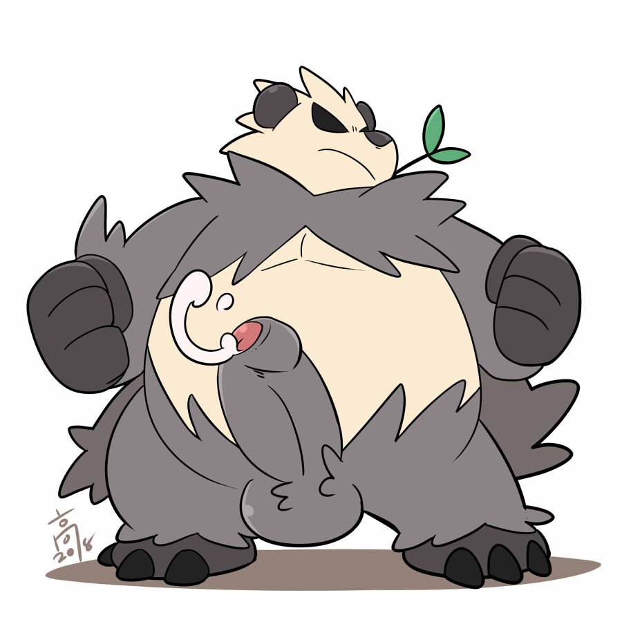 2018 anthro balls belly cum leaf male nintendo overweight overweight_male pangoro penis pok&eacute;mon pok&eacute;mon_(species) simple_background solo takataka video_games white_background