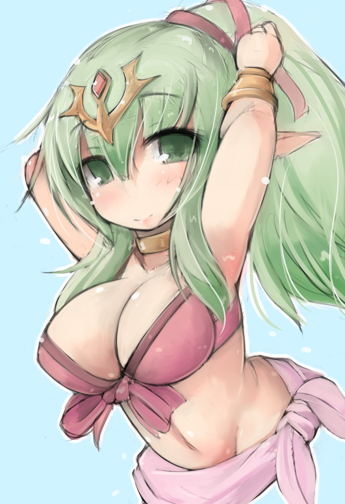 bangs bare_shoulders bikini blue_background blush breasts chiki cleavage closed_mouth collarbone commentary_request eyebrows_visible_through_hair fire_emblem fire_emblem:_kakusei fire_emblem:_monshou_no_nazo front-tie_bikini front-tie_top green_eyes green_hair hair_between_eyes headpiece high_ponytail kourourin large_breasts long_hair looking_at_viewer pink_bikini pointy_ears ponytail simple_background smile solo swimsuit