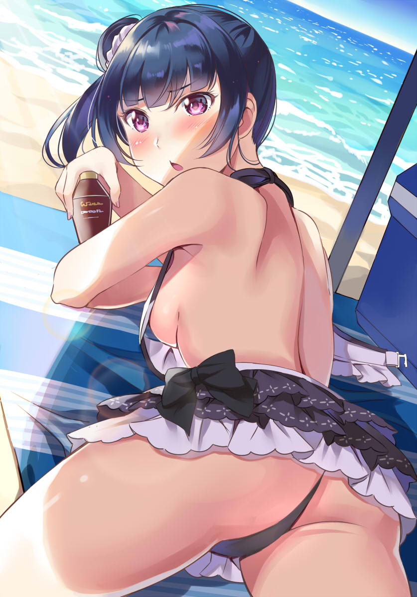 ass bare_back beach bikini black_bikini black_hair blush breasts commentary_request day eyebrows_visible_through_hair hair_bun highres long_hair looking_at_viewer looking_back lotion love_live! love_live!_sunshine!! lying ocean open_mouth purple_eyes sand side_bun solo sunscreen swimsuit thighs tipii towel tsushima_yoshiko underboob