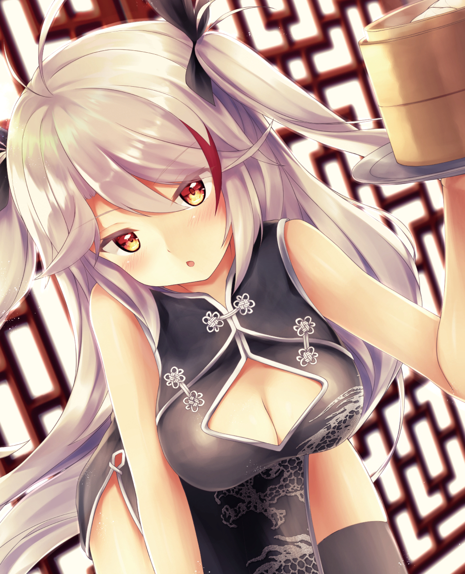 alternate_costume antenna_hair azur_lane bangs black_dress black_legwear blush breasts brown_eyes china_dress chinese_clothes cleavage cleavage_cutout commentary_request day dress eyebrows_visible_through_hair fine_fabric_emphasis flower_knot hair_between_eyes holding holding_tray indoors large_breasts leaning_forward long_hair looking_at_viewer multicolored_hair open_mouth pelvic_curtain prinz_eugen_(azur_lane) red_hair ribbon rupe_paperu silver_hair silver_trim smile solo streaked_hair thighhighs thighs tray two_side_up very_long_hair