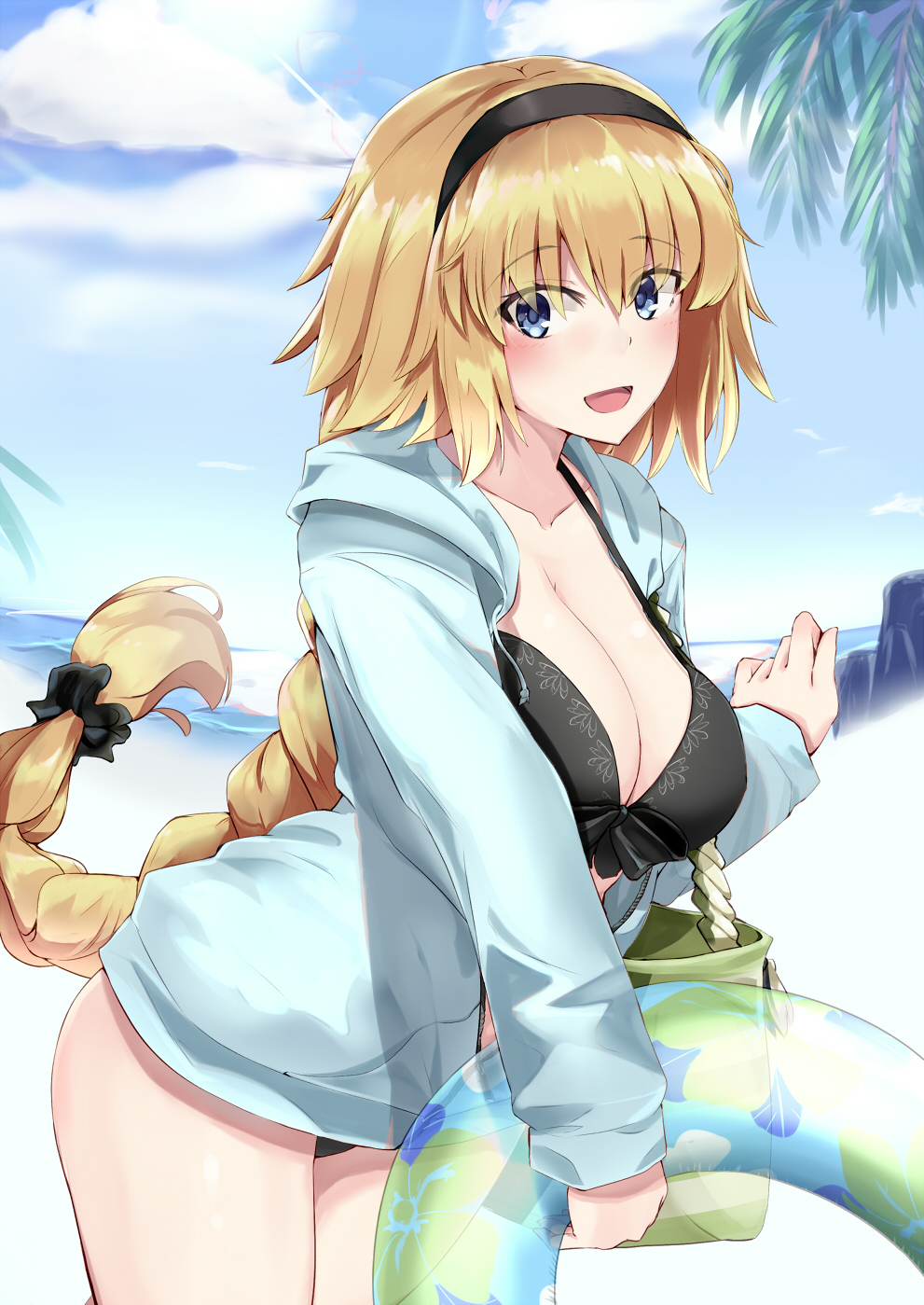:d bag bangs bikini bikini_under_clothes black_bikini black_bow black_hairband blonde_hair blue_eyes blue_jacket blush bow braid breasts cleavage cloud cloudy_sky collarbone commentary_request cowboy_shot day eyebrows_visible_through_hair fate/grand_order fate_(series) hair_bow hairband highres innertube jacket jeanne_d'arc_(fate)_(all) jeanne_d'arc_(swimsuit_archer) large_breasts leaning_forward lens_flare long_hair long_sleeves looking_at_viewer ninoude_(ninoude44) ocean open_clothes open_jacket open_mouth outdoors palm_tree rock single_braid sky smile solo swimsuit thighs tree unzipped very_long_hair water