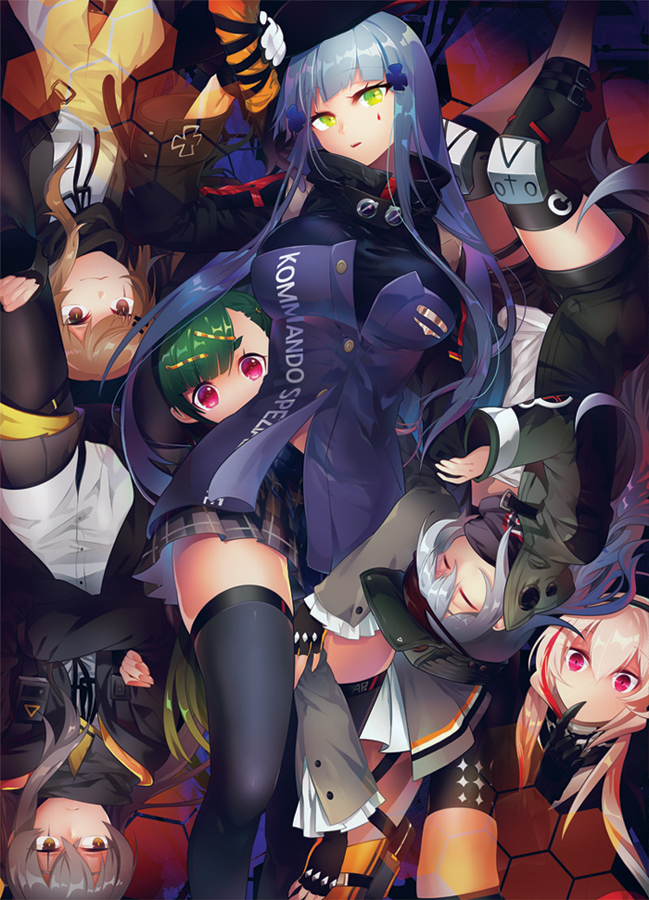 6+girls armband bad_id bad_pixiv_id bangs beret black_legwear blunt_bangs blush breasts brown_eyes brown_hair closed_eyes closed_mouth clothes_writing commentary_request crossed_arms crossed_bangs eyebrows_visible_through_hair facial_mark finger_to_mouth fingerless_gloves g11_(girls_frontline) g28_(girls_frontline) girls_frontline gloves green_eyes green_hair grey_hair hair_between_eyes hair_ornament hairclip hat headgear hk416_(girls_frontline) holding_another jacket knee_pads large_breasts long_hair looking_at_viewer m16a1_(girls_frontline) m4_sopmod_ii_(girls_frontline) medium_breasts menpo multicolored_hair multiple_girls one_side_up open_clothes open_mouth orange_eyes pantyhose parted_lips pink_hair plaid plaid_skirt prosthesis prosthetic_arm red_eyes red_hair ribbon scar scar_across_eye scarf shirt shorts sidelocks silver_hair skindentation skirt sleeping smile streaked_hair thighhighs thighs twintails ump45_(girls_frontline) ump9_(girls_frontline) very_long_hair yellow_eyes