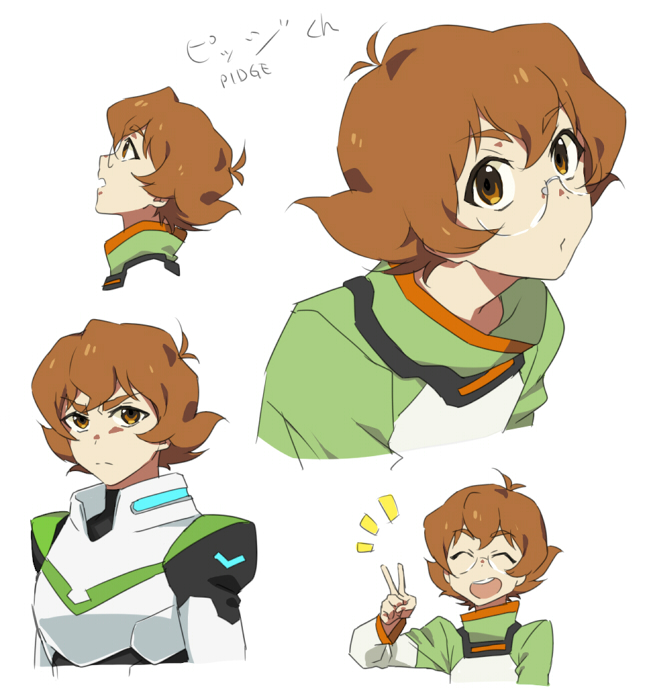 antenna_hair bodysuit brown_eyes brown_hair catgirl0926 closed_eyes expressions glasses hyakujuu-ou_golion multiple_views open_mouth pidge_gunderson pouty_lips profile reverse_trap serious short_hair smile v voltron:_legendary_defender