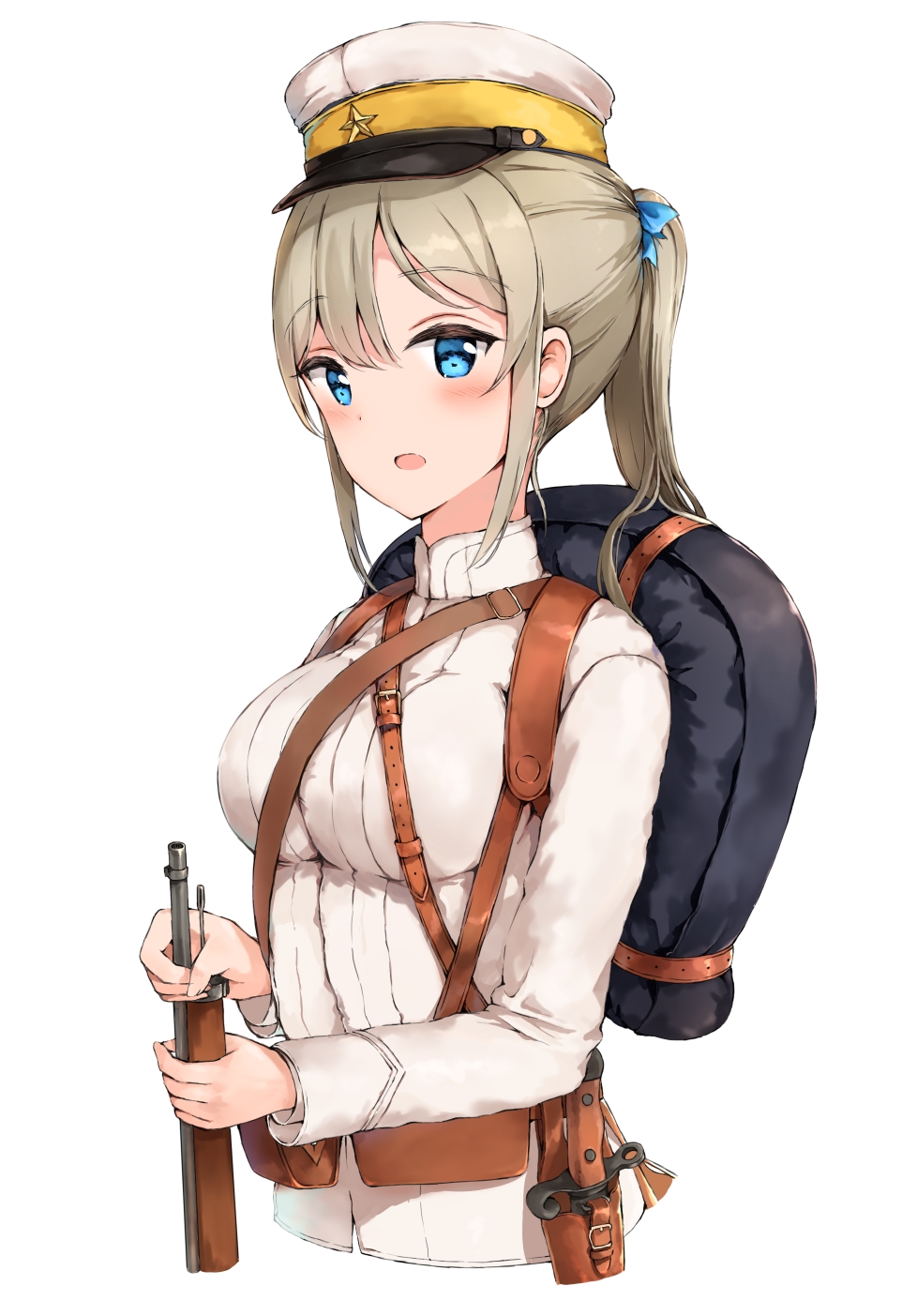 blonde_hair blue_eyes blue_ribbon breasts eyebrows_visible_through_hair gun hair_ribbon hat highres holding holding_gun holding_weapon imperial_japanese_army large_breasts military military_hat military_uniform original peaked_cap ponytail ribbon rifle sidelocks simple_background solo syotastar uniform upper_body weapon white_background