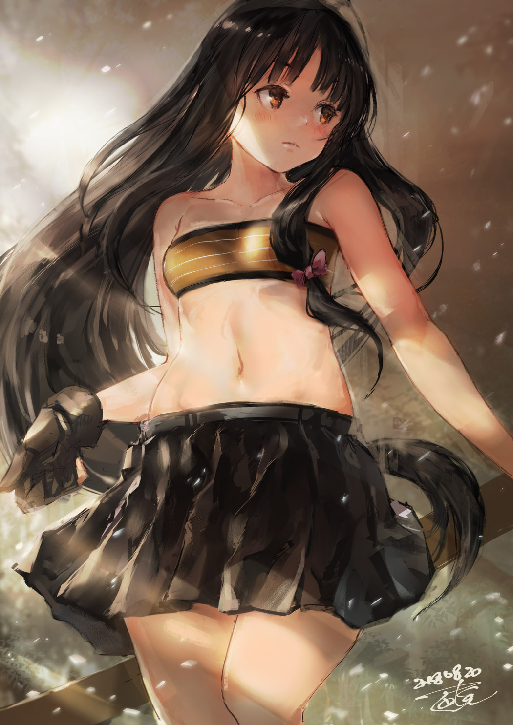 bandeau bangs black_gloves black_hair black_skirt blush bow breasts closed_mouth commentary_request dated gloves hair_bow highres kantai_collection long_hair low-tied_long_hair midriff miniskirt navel partly_fingerless_gloves pink_bow red_eyes shouhou_(kantai_collection) skirt small_breasts solo sunlight toka_(marchlizard) very_long_hair