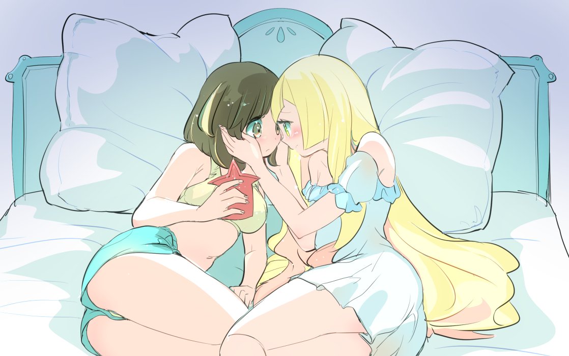 ass bangs bare_shoulders bed bedroom blonde_hair blush bra breasts chorimokki cuddling dress facing_another green_eyes green_shorts grey_eyes hands_on_another's_face imminent_kiss lillie_(pokemon) long_hair lying midriff mizuki_(pokemon) multiple_girls navel on_bed on_side open_mouth pillow pokemon pokemon_(game) pokemon_sm rotom rotom_dex short_hair shorts simple_background smile underwear yuri