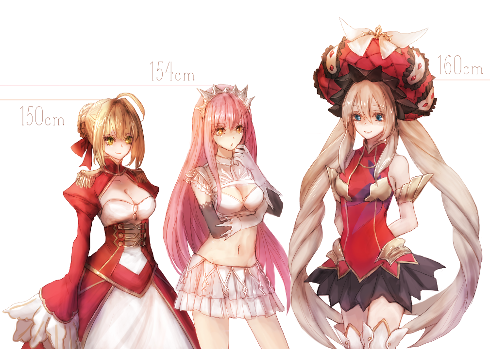 ahoge arms_behind_back bare_shoulders black_skirt blonde_hair blue_eyes breasts byuura_(sonofelice) cleavage commentary_request fate/grand_order fate_(series) green_eyes hair_ribbon height_chart juliet_sleeves long_hair long_sleeves marie_antoinette_(fate/grand_order) medb_(fate)_(all) medb_(fate/grand_order) midriff multiple_girls nero_claudius_(fate) nero_claudius_(fate)_(all) pink_hair puffy_sleeves red_ribbon ribbon silver_hair skirt sleeves_past_fingers sleeves_past_wrists tiara twintails very_long_hair white_background white_skirt yellow_eyes