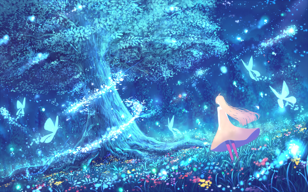 bare_arms bare_shoulders blue bug butterfly dress facing_away fantasy field flower from_behind insect long_hair magic meadow original outdoors pantyhose red_flower sakimori_(hououbds) scenery standing tree very_long_hair yellow_flower