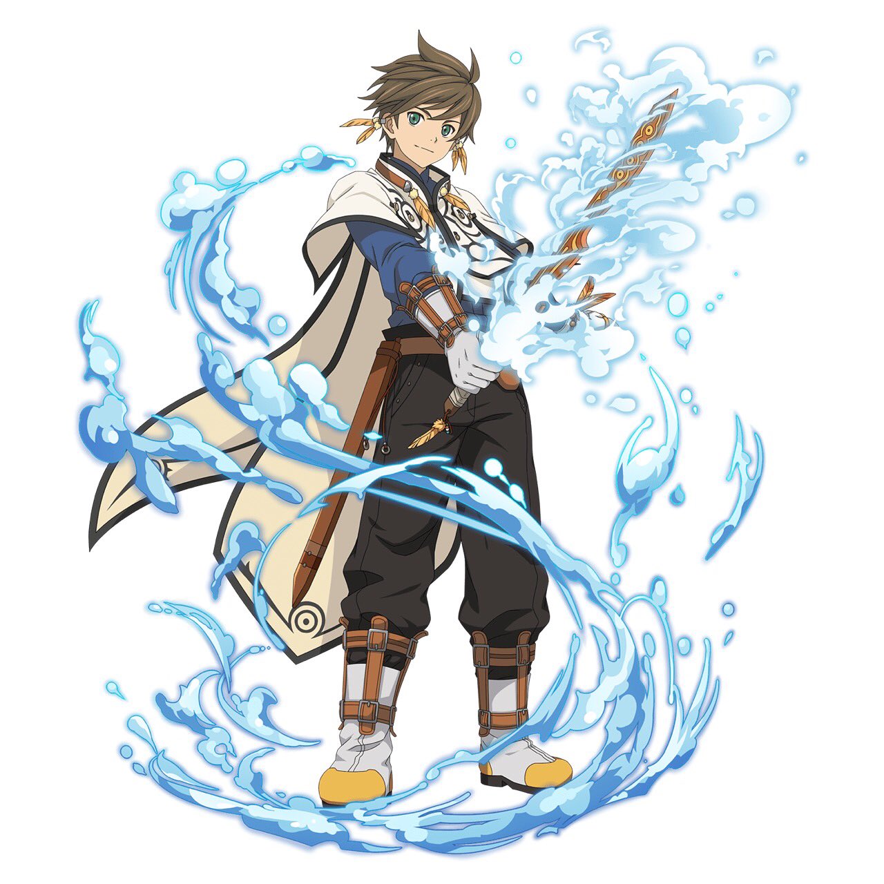 black_pants blue_shirt boots brown_hair cape earrings feather_earrings full_body gloves green_eyes grey_footwear grey_gloves hair_between_eyes highres holding holding_sword holding_weapon jewelry looking_at_viewer pants senritsu_reishiki sheath shirt simple_background smile solo sorey_(tales) spiked_hair standing sword tales_of_(series) tales_of_zestiria unsheathed water weapon white_background white_cape