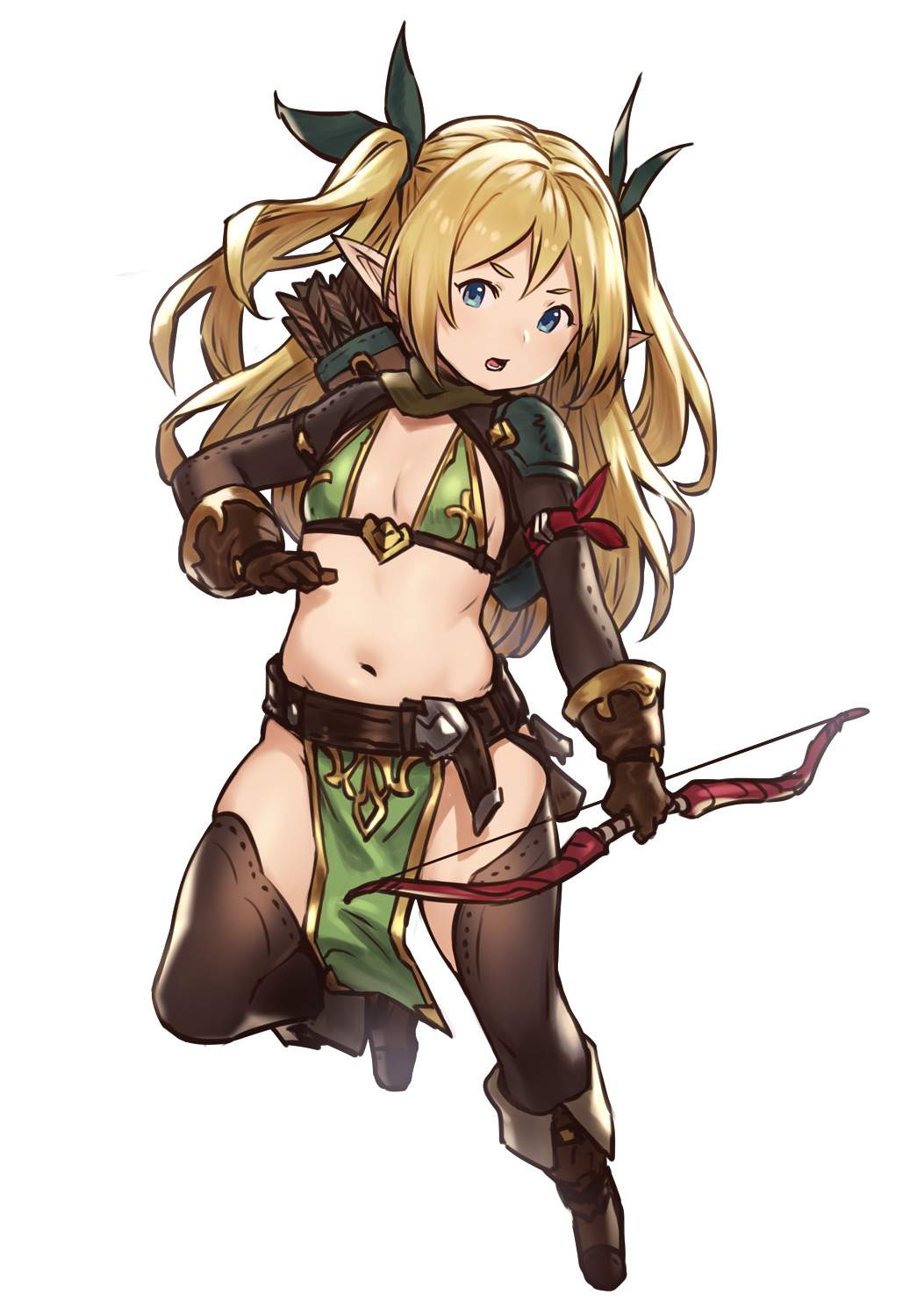 arrow black_bow blonde_hair blue_eyes bow bow_(weapon) bra brown_footwear brown_gloves brown_legwear elf flat_chest full_body gloves green_bra hair_bow highres holding holding_bow_(weapon) holding_weapon houtengeki long_hair looking_at_viewer navel original parted_lips pelvic_curtain pointy_ears quiver shoulder_pads simple_background solo standing standing_on_one_leg thighhighs twintails two_side_up underwear weapon white_background