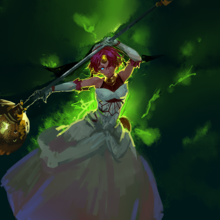 blue_eyes closed_mouth commentary_request dress elbow_gloves fate/apocrypha fate_(series) frankenstein's_monster_(fate) gloves green_background hair_over_one_eye hammer holding holding_weapon horn inishie_kumo jewelry long_dress looking_at_viewer necklace pink_hair solo sparks weapon wedding_dress white_dress white_gloves