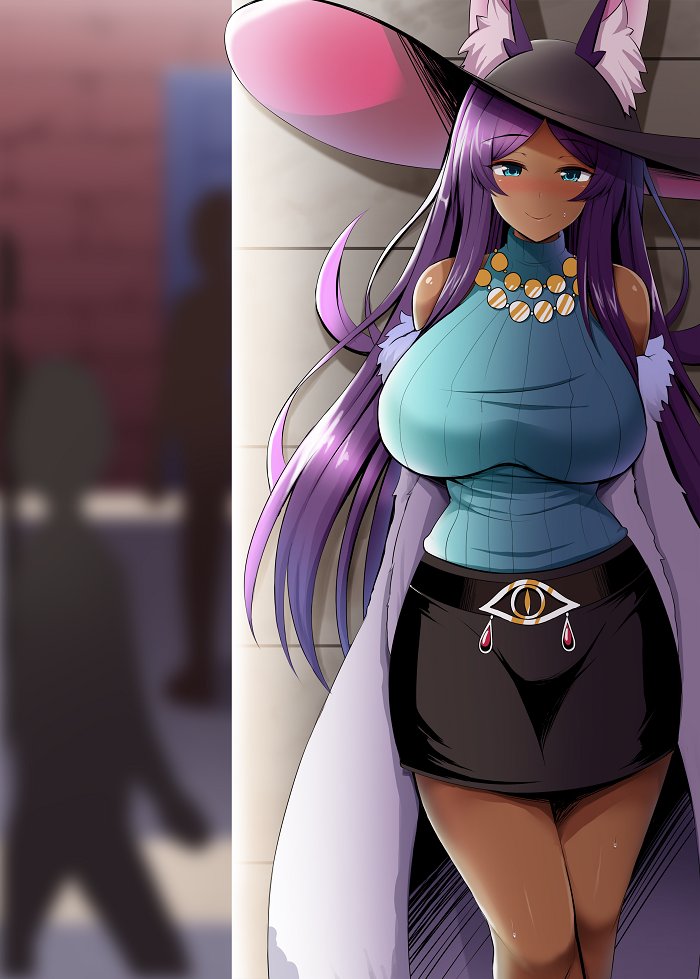 alternate_costume animal_ears bare_shoulders blush breasts commentary_request dark_skin ears_through_headwear fate/grand_order fate_(series) fur_trim kisaragi_nana large_breasts long_hair looking_at_viewer purple_hair queen_of_sheba_(fate/grand_order) smile solo