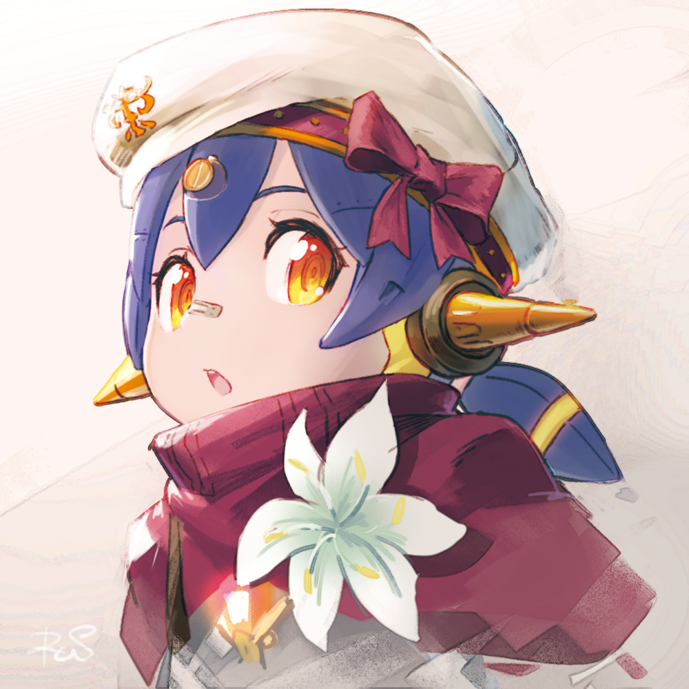 :o android bandaid bandaid_on_nose blue_hair bow capelet commentary_request flower hair_ornament hana_(xenoblade) hat hat_bow headgear mechanical_ears orange_eyes parted_lips pink_bow red_capelet reiesu_(reis) ringed_eyes signature solo upper_body white_flower white_hat xenoblade_(series) xenoblade_2