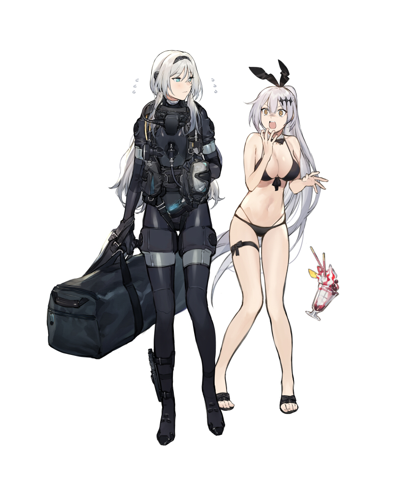 alternate_costume alternate_hair_color an-94_(girls_frontline) bangs bare_shoulders bikini black_bikini black_ribbon blue_eyes blush bodysuit bow breasts brown_eyes cleavage closed_mouth combat_knife copyright_name detached_collar diving_mask diving_suit dropping duoyuanjun embarrassed eyebrows_visible_through_hair five-seven_(girls_frontline) flying_sweatdrops food full_body girls_frontline hair_ornament hair_ribbon hairband holding_goggles ice_cream knife knife_holster large_breasts logo long_hair looking_at_another looking_away multiple_girls navel official_art open_mouth oxygen_mask oxygen_tank parfait ponytail ribbon sandals sidelocks silver_hair simple_background standing stomach strap sundae surprised swimsuit thigh_ribbon very_long_hair weapon weapon_bag wetsuit white_background