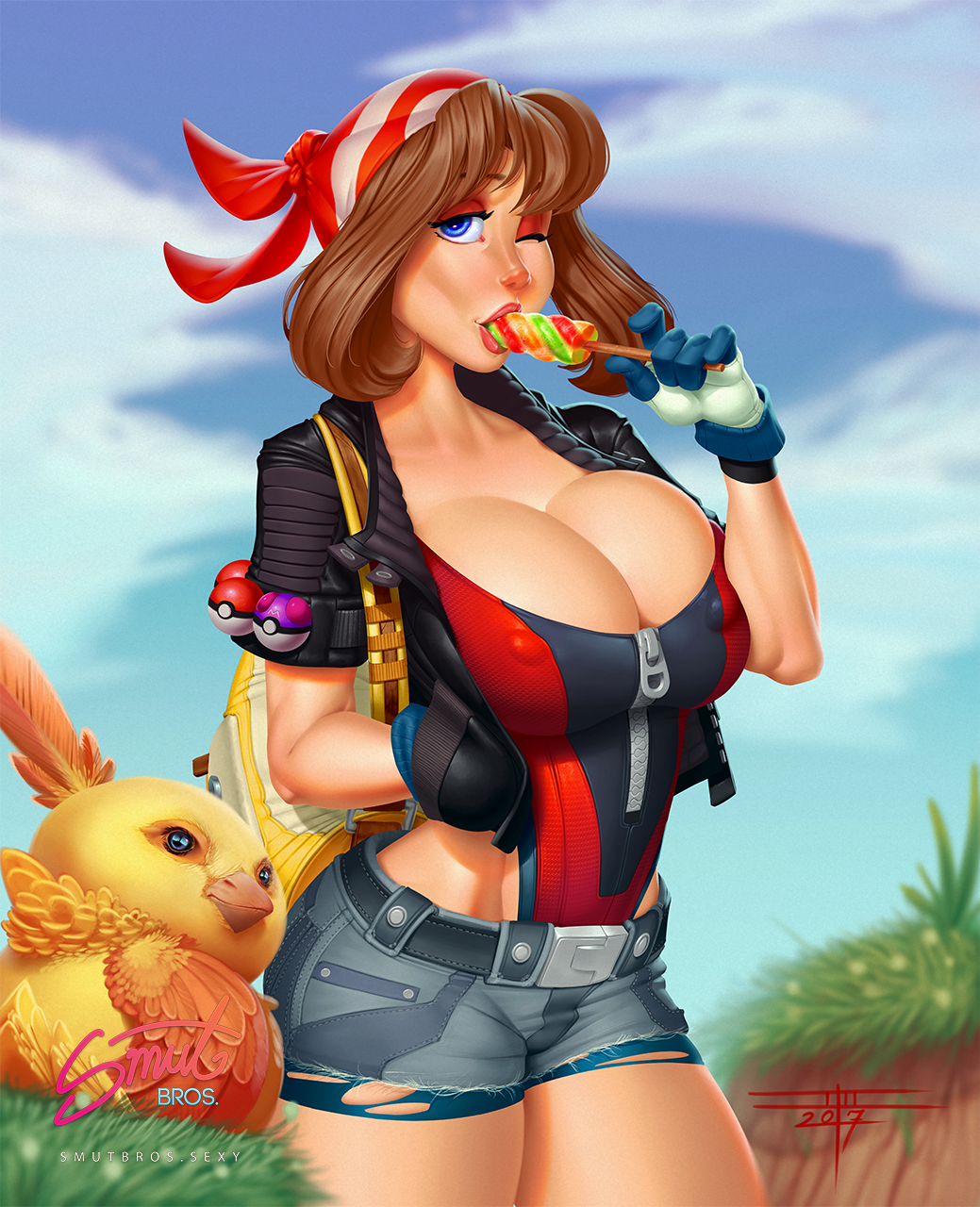 2017 adapted_costume bandana bare_hips belt bike_shorts bike_shorts_under_shorts blue_eyes blue_gloves breasts brown_hair cleavage covered_nipples cropped_jacket curvy cutoffs denim denim_shorts eyes fine_fabric_emphasis food gloves hand_in_pocket haruka_(pokemon) highleg highleg_swimsuit highres huge_breasts jacket leather leather_jacket lips lipstick looking_at_viewer makeup master_ball nose one_eye_closed phallic_symbol poke_ball poke_ball_(generic) pokemon pokemon_(creature) pokemon_(game) pokemon_rse popsicle short_hair short_shorts short_sleeves shorts solo_focus swimsuit swimsuit_under_clothes taboolicious toon torchic torn_bike_shorts torn_clothes zipper zipper_pull_tab