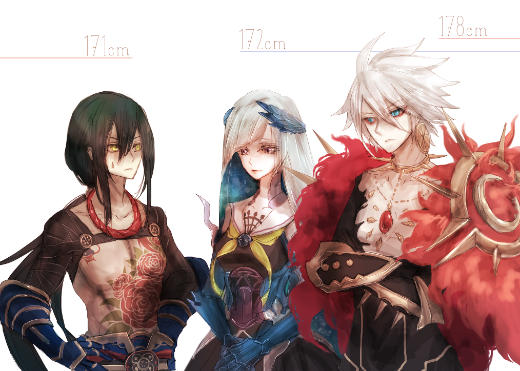 2boys black_hair blue_eyes blue_hair brynhildr_(fate) byuura_(sonofelice) commentary_request crossed_arms fate/grand_order fate_(series) gauntlets gem hair_between_eyes hands_on_hips height_chart karna_(fate) long_hair looking_at_another multiple_boys short_hair spiked_hair sweatdrop tattoo upper_body white_background white_hair yan_qing_(fate/grand_order) yellow_eyes