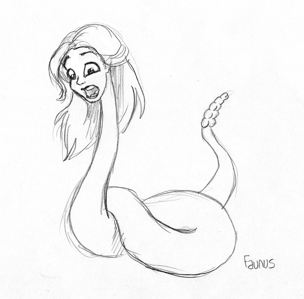 2009 armless faunus_(artist) female hair legless limbless monochrome nude open_mouth rattlesnake reptile scalie simple_background snake solo surprise transformation what_has_science_done white_background