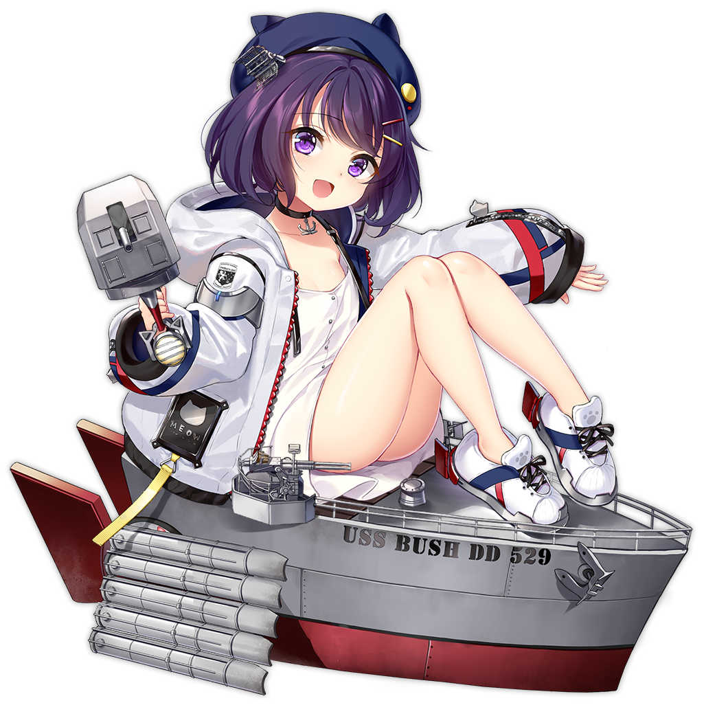 anchor_choker azur_lane blush breasts bush_(azur_lane) choker collarbone eyebrows_visible_through_hair full_body hair_ornament hairclip looking_at_viewer official_art open_mouth philomelalilium purple_eyes purple_hair shoes short_hair sitting small_breasts smile sneakers solo transparent_background