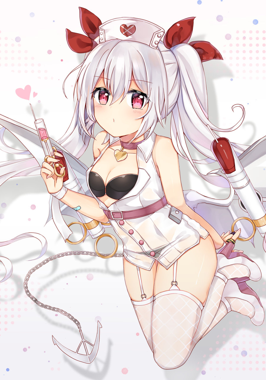 azur_lane bandaged_arm bandages bangs bare_arms bare_shoulders bat_wings black_bikini_top breasts chain choker cleavage closed_mouth collarbone commentary_request dress eyebrows_visible_through_hair full_body garter_straps grey_wings hair_between_eyes hair_ribbon hat heart high_heels highres holding holding_syringe long_hair looking_at_viewer low_wings metal_wings nurse_cap red_choker red_eyes red_ribbon ribbon shikino_(sikinonono) silver_hair sleeveless sleeveless_dress small_breasts solo syringe thighhighs twintails vampire_(azur_lane) very_long_hair white_background white_dress white_footwear white_hat white_legwear wings