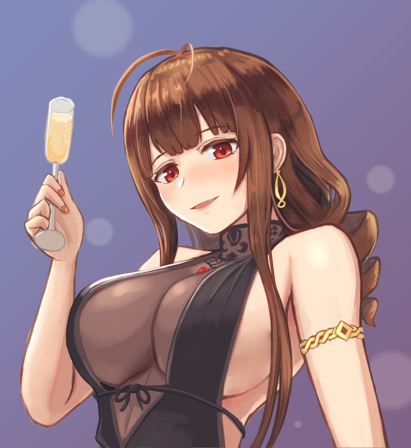 1girl ahoge alternate_costume armlet bangs black_dress blunt_bangs blush breasts brown_hair champagne_flute cleavage cup dress drinking_glass dsr-50_(girls_frontline) earrings girls_frontline holding holding_drinking_glass jewelry large_breasts long_hair looking_at_viewer moppu_(000mopipi) nail_polish no_bra open_mouth pendant red_eyes ring ruby_(stone) sidelocks upper_body