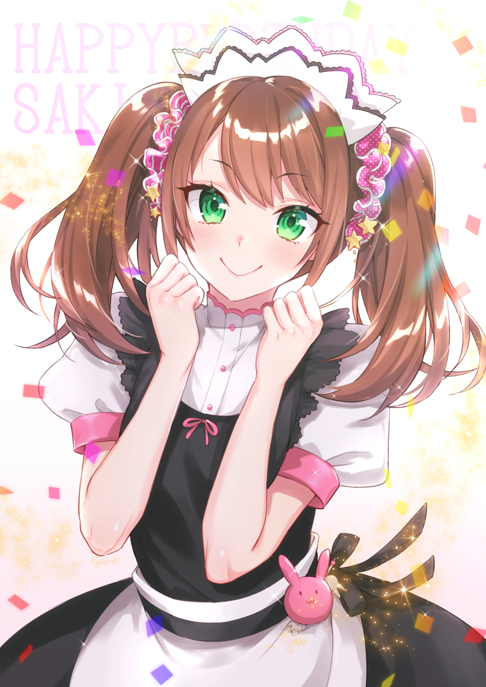 :3 akariko apron bangs black_dress blush brown_hair buttons character_name clenched_hands closed_mouth commentary_request confetti crossdressing dress eyebrows_visible_through_hair green_eyes hair_ornament hair_scrunchie hands_up happy_birthday head_tilt highres idolmaster idolmaster_side-m light_particles long_hair looking_at_viewer maid maid_headdress male_focus mizushima_saki otoko_no_ko pink_ribbon pink_scrunchie polka_dot polka_dot_scrunchie puffy_short_sleeves puffy_sleeves ribbon scrunchie shiny shiny_hair shirt short_sleeves sidelocks simple_background smile solo sparkle star star_hair_ornament striped striped_scrunchie swept_bangs twintails waist_apron white_apron white_background white_shirt