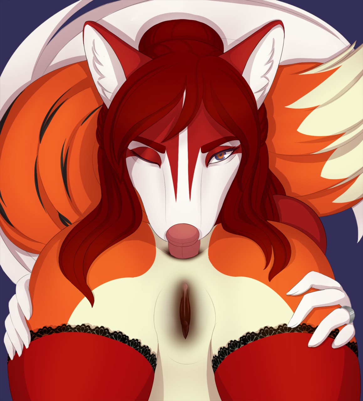 2018 ambiguous_gender anal anthro anus butt canine close-up duo faceless_female female female/ambiguous fox fur mammal one_eye_closed oral pussy red_fur rimming ruruscube sex tongue tongue_out white_fur