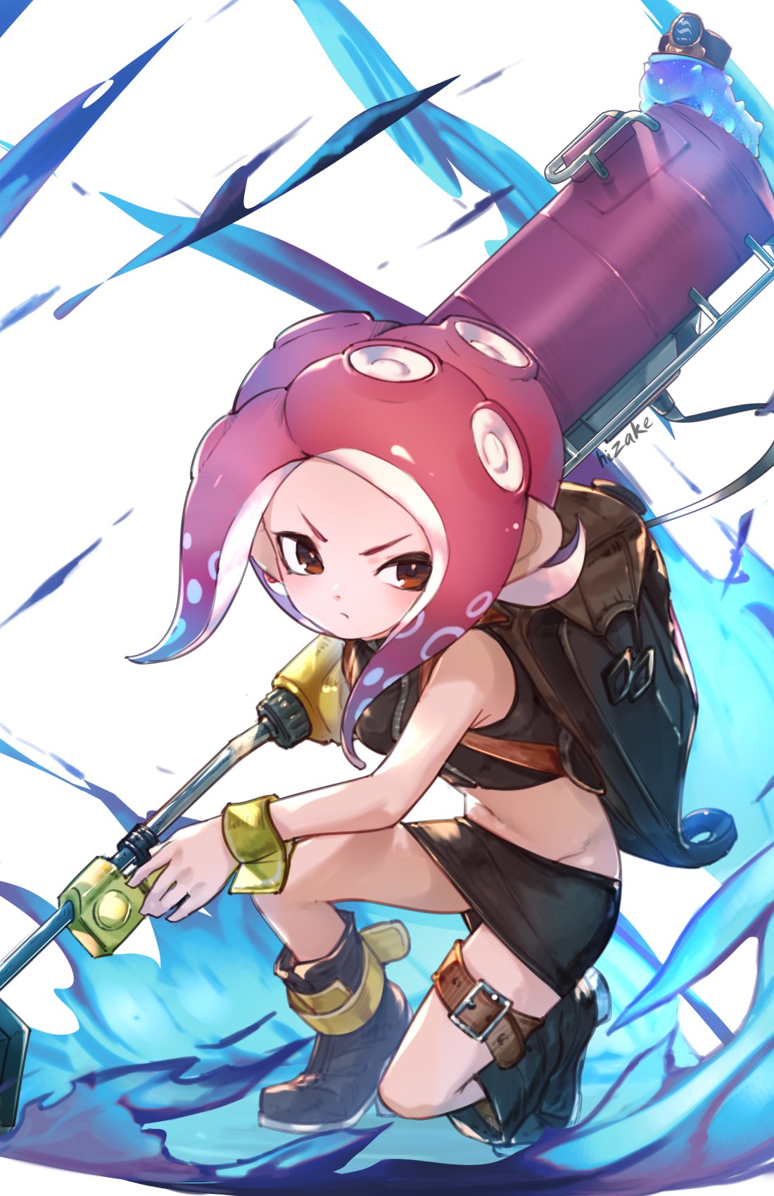 1girl backpack bag bare_arms bare_shoulders belt belt_buckle black_footwear black_hat black_shirt black_skirt boots breasts brown_belt brown_eyes buckle closed_mouth conductor_namako crop_top floating_hair full_body hat highres holding holding_weapon ink kashu_(hizake) long_hair looking_at_viewer midriff miniskirt monster_girl navel octarian octoling pencil_skirt red_hair serious shirt signature simple_background skirt sleeveless sleeveless_shirt small_breasts splat_roller_(splatoon) splatoon_(series) splatoon_2 splatoon_2:_octo_expansion squatting squidbeak_splatoon stomach suction_cups tentacle_hair thigh_strap v-shaped_eyebrows weapon white_background wrist_cuffs zipper
