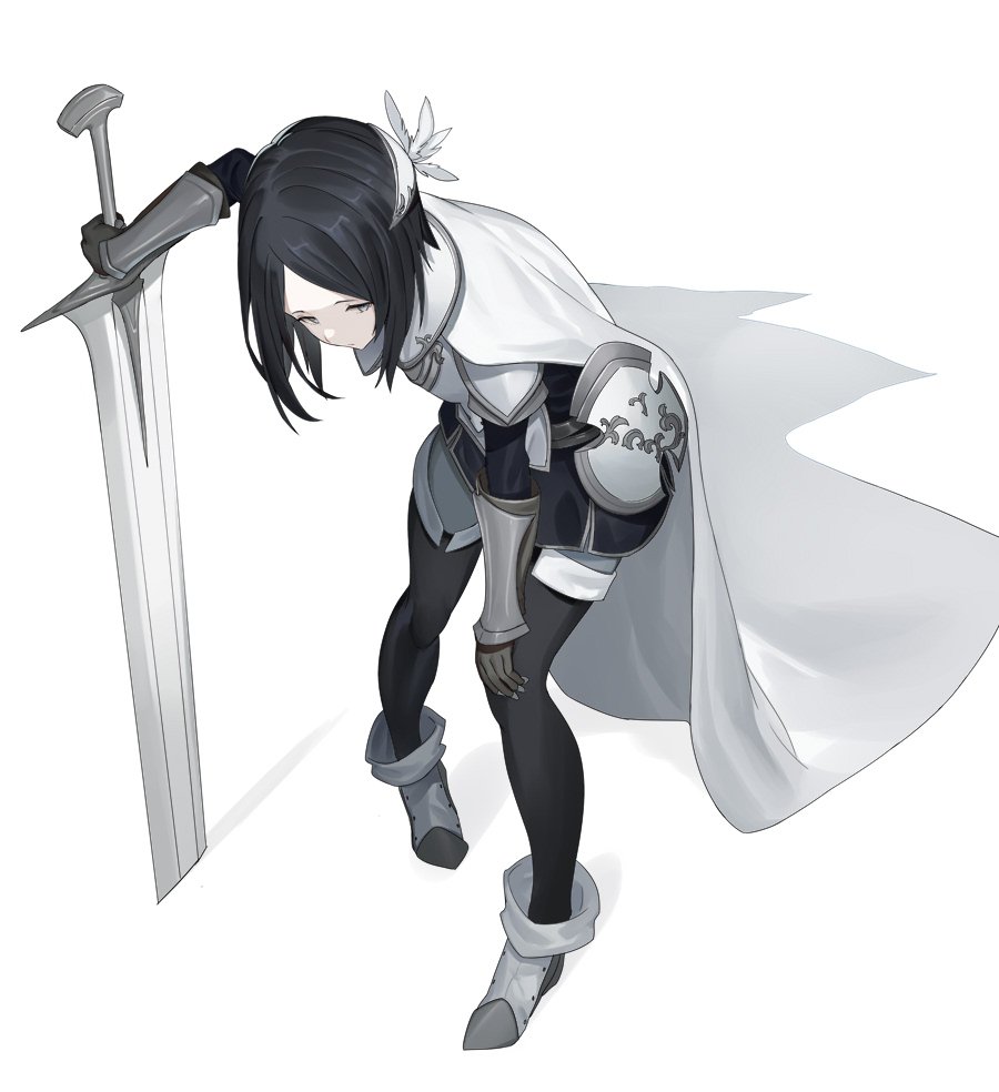 armor black_hair black_legwear boots bracer brown_gloves cape gloves grey_eyes half-closed_eyes holding holding_sword holding_weapon keemu_(occhoko-cho) knight leaning_forward looking_at_viewer metal_boots original pale_skin pantyhose planted_sword planted_weapon short_hair shoulder_armor solo spaulders standing sword weapon white_cape