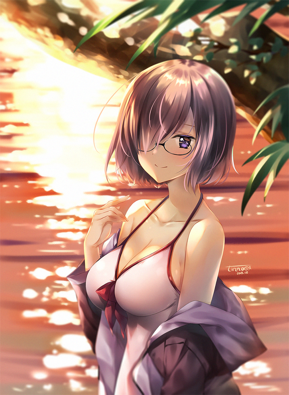 bare_shoulders black-framed_eyewear blurry blush breasts casual_one-piece_swimsuit cleavage closed_mouth collarbone colored_eyelashes commentary_request dated depth_of_field evening fate/grand_order fate_(series) glasses grey_jacket hair_over_one_eye hand_up highres jacket large_breasts leaf looking_at_viewer mash_kyrielight off_shoulder one-piece_swimsuit open_clothes open_jacket outdoors pink_hair purple_eyes reflection shiny shiny_hair short_hair smile solo sunlight swimsuit swimsuit_of_perpetual_summer tree upper_body water white_swimsuit zinno