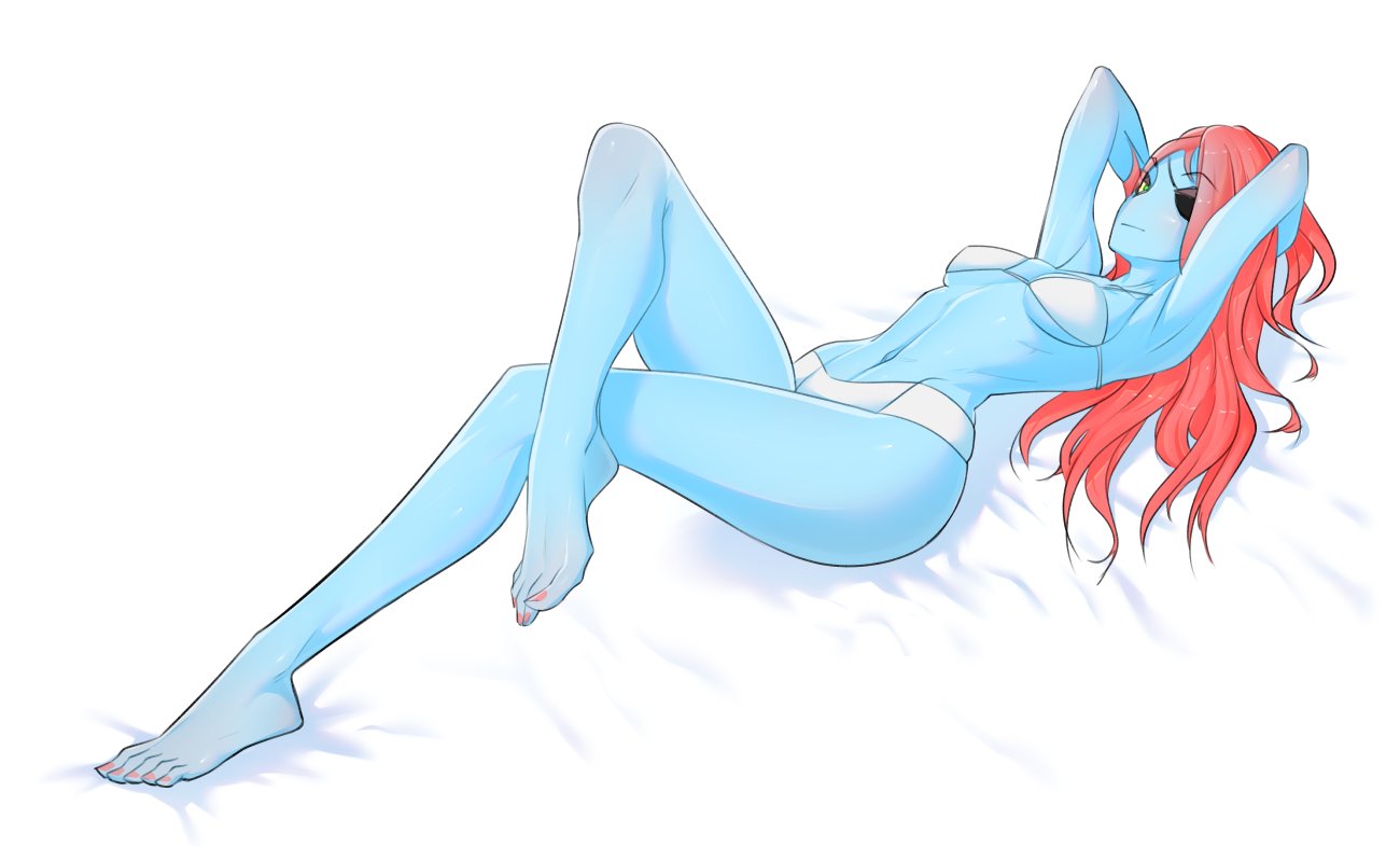 anthro bikini breasts clothing eye_patch eyewear female fish gills hair hands_behind_head long_hair looking_at_viewer marine meetworp midriff pose red_hair simple_background small_breasts solo swimsuit undertale undyne video_games white_background