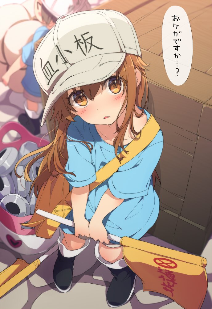 bag black_footwear blue_shirt blush boots brown_eyes brown_hair eyebrows_visible_through_hat flag flat_cap hat hataraku_saibou holding holding_flag long_hair looking_at_viewer multiple_girls ogipote platelet_(hataraku_saibou) shirt short_sleeves sitting solo_focus speech_bubble translation_request white_hat