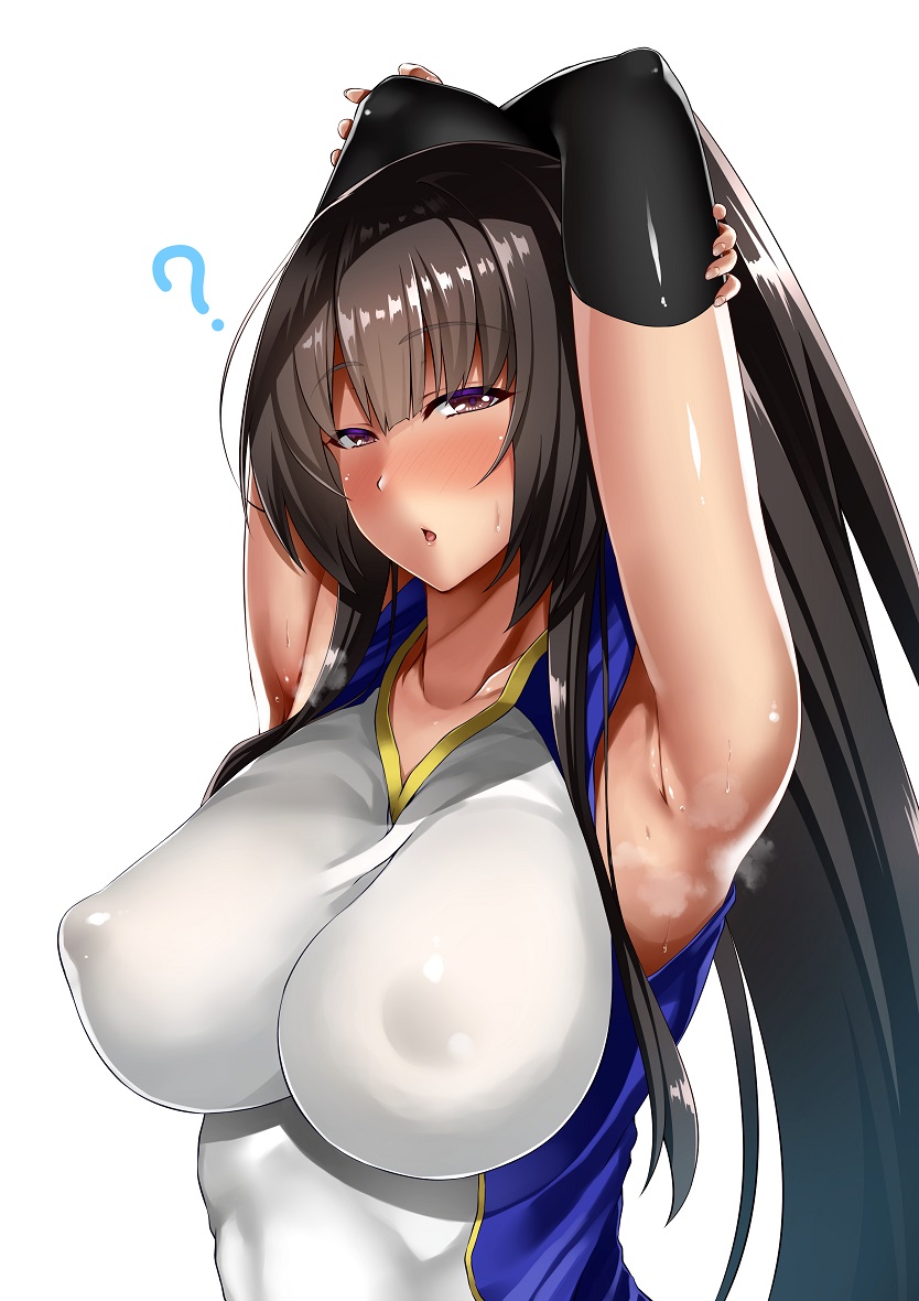 :o armpits arms_behind_head arms_up asakura_kukuri bangs bare_shoulders black_hair blush breasts collarbone commentary_request covered_nipples elbow_sleeve eyebrows_visible_through_hair gym_shirt hair_between_eyes hair_pulled_back impossible_clothes impossible_shirt large_breasts long_hair looking_at_viewer original ponytail shirt sleeveless sleeveless_shirt solo sportswear steaming_body stretch sweat sweatdrop uniform v-neck volleyball_uniform