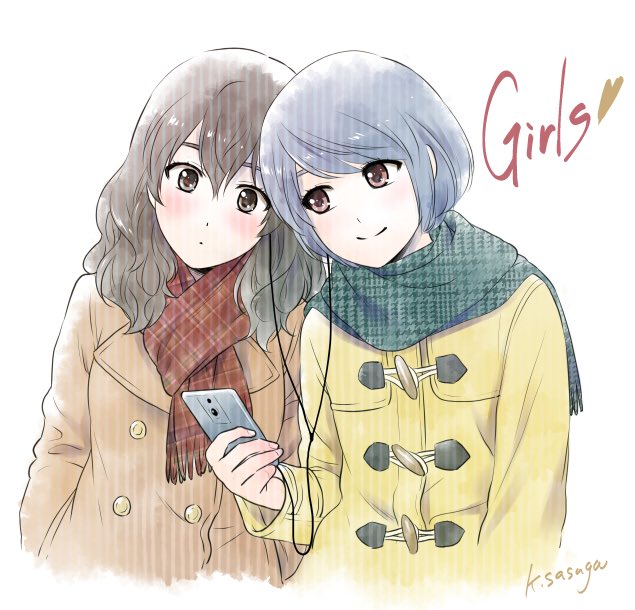 aqua_scarf black_eyes black_hair blue_hair cellphone coat domestic_na_kanojo duffel_coat earbuds earphones english fujii_natsuo genderswap genderswap_(mtf) heart multiple_girls phone plaid plaid_scarf red_eyes red_scarf sasuga_kei scarf signature smartphone smile tachibana_rui winter_clothes winter_coat