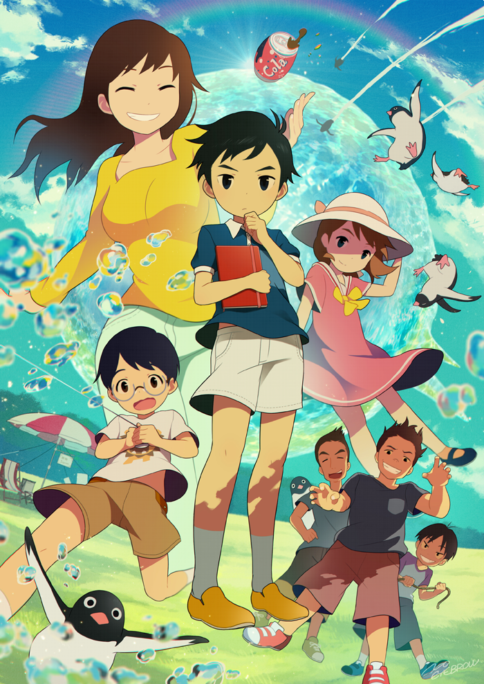 5boys :o aoyama-kun_(penguin_highway) bird black_eyes blue_eyes blue_footwear blue_sky book brown_hair brown_shorts bubble can chair closed_eyes cloud cola day dress facing_viewer glasses grass hamamoto-san_(penguin_highway) hands_up hat holding holding_book multiple_boys multiple_girls noeyebrow_(mauve) notebook onee-san_(penguin_highway) open_mouth outdoors parasol penguin penguin_highway pink_dress pink_skirt pocket polo_shirt rainbow red_footwear seagull shirt shoes short_sleeves shorts skirt sky smile sneakers socks soda_can standing sun_hat suzuki-kun_(penguin_highway) t-shirt uchida-kun_(penguin_highway) umbrella water white_legwear yellow_footwear yellow_neckwear yellow_shirt