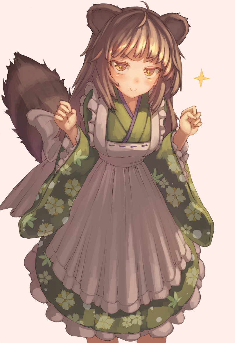 1girl ahoge animal_ears apron arms_at_sides arms_up bangs blush brown_hair commentary dot_nose dress feet_out_of_frame floral_print green_dress green_kimono japanese_clothes kimono lolita_fashion long_hair long_sleeves looking_at_viewer original osabachan raccoon_ears raccoon_tail smile solo sparkle sparkling_eyes standing tail v-shaped_eyebrows w_arms wa_lolita wide_sleeves yellow_eyes