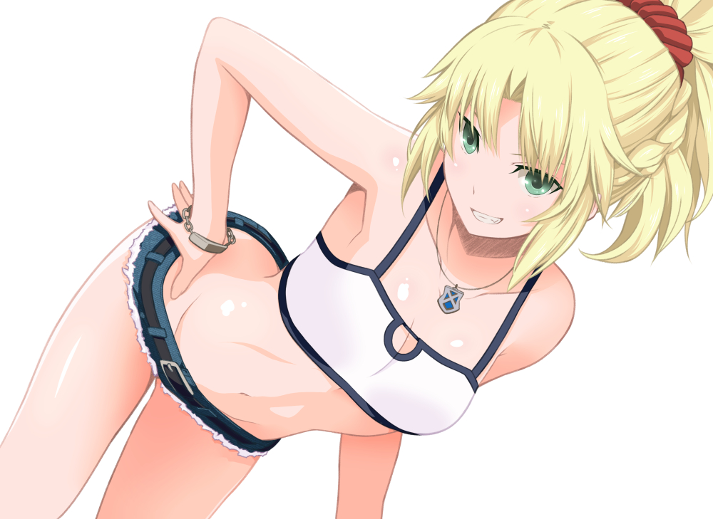 bandeau bare_shoulders belt blonde_hair bracelet breasts cleavage dutch_angle fang fate/apocrypha fate_(series) green_eyes hand_on_hip jewelry leaning_forward midriff mordred_(fate) mordred_(fate)_(all) navel necklace short_shorts shorts smile tsukumo