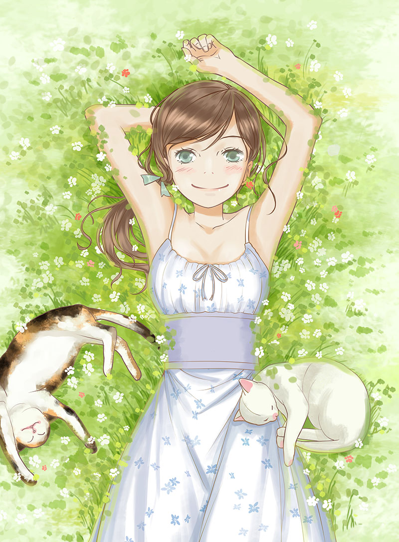 arm_up blush breasts brown_hair cat commentary_request day dress flower from_above grass green_eyes kawamoto_akari long_hair looking_at_viewer lying on_back outdoors sangatsu_no_lion small_breasts smile solo summer_worm white_cat white_dress