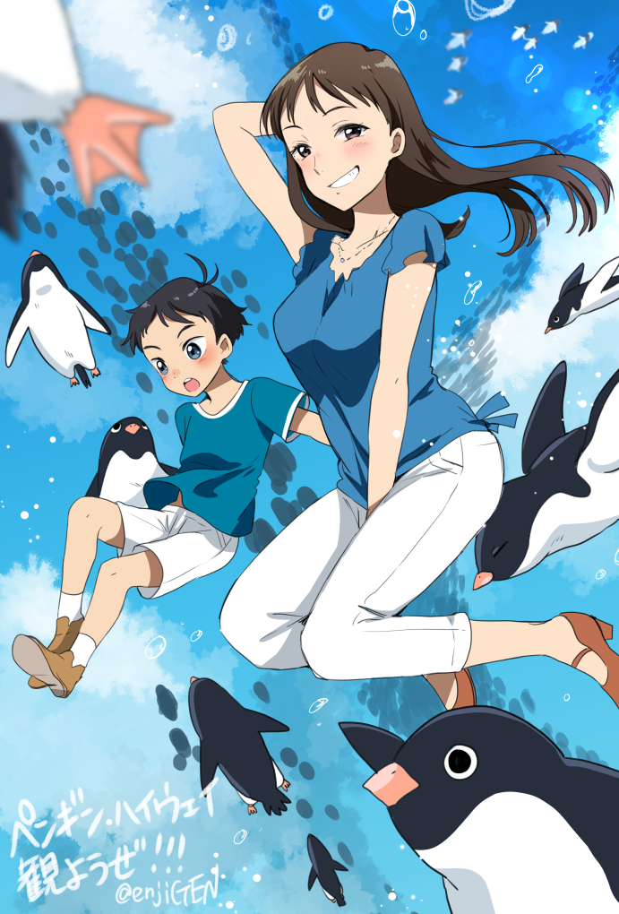 1girl :o antenna_hair aoyama-kun_(penguin_highway) between_legs bird black_hair blue_eyes blue_shirt blue_sky brown_eyes brown_footwear brown_hair day gen_(enji) grin hand_between_legs high_heels jewelry looking_at_viewer midair necklace onee-san_(penguin_highway) open_mouth pants penguin penguin_highway shirt short_sleeves shorts sky smile smirk socks t-shirt white_pants white_shorts