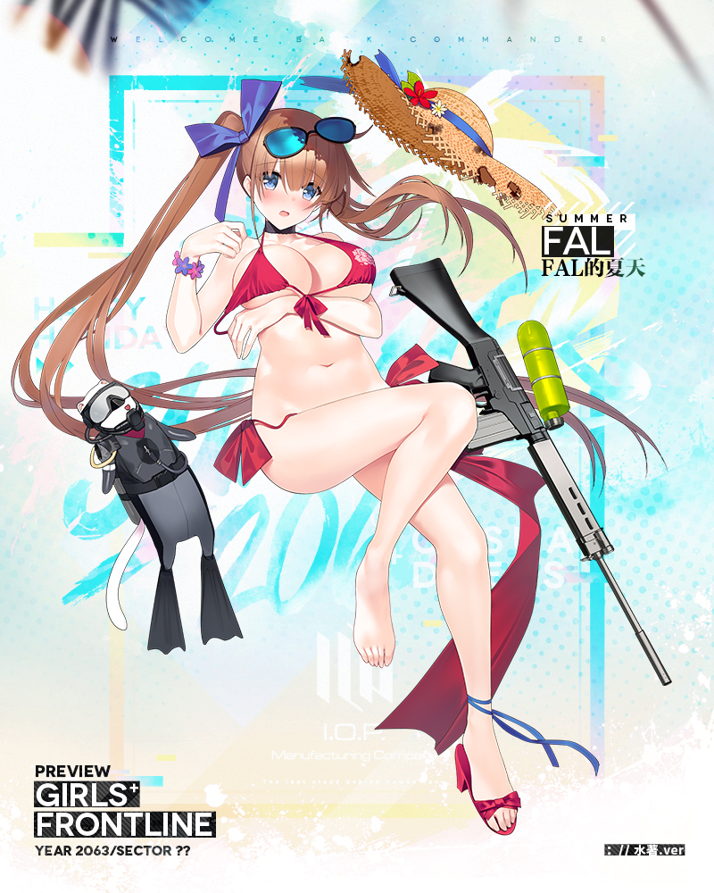 ahoge alternate_costume animal ankle_ribbon arm_under_breasts ass bangs bare_shoulders battle_rifle bikini blue_eyes blue_ribbon blush breasts brown_hair choker cleavage collarbone copyright_name cup damaged diving_mask diving_mask_on_eyes diving_regulator diving_suit eyebrows_visible_through_hair eyewear_on_head fal_(girls_frontline) ferret flippers floating floating_hair flower fn_fal girls_frontline groin gun hair_between_eyes hair_ribbon hat hat_flower hat_removed hat_ribbon head_tilt headwear_removed knee_up large_breasts logo long_hair looking_at_viewer navel official_art open_mouth red_bikini ribbon rifle sandals scrunchie side-tie_bikini side_ponytail sidelocks single_sandal solo stomach straw_hat suisai sunglasses swimsuit thigh_strap thighs torn_clothes torn_hat untied untied_bikini very_long_hair water_gun weapon wrist_scrunchie wristband