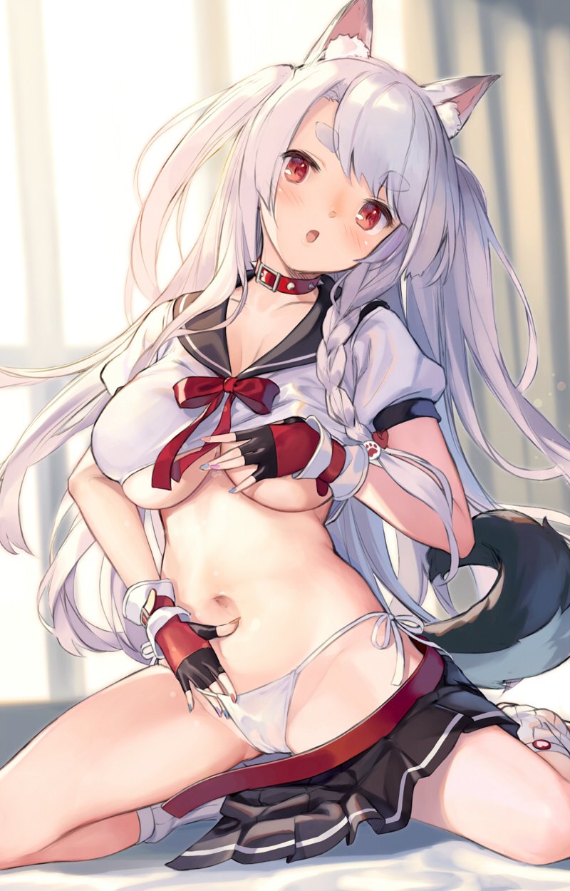 animal_ear_fluff animal_ears azur_lane blurry blurry_background blush braid breasts cameltoe cleavage collar comiket_94 commentary_request crop_top depth_of_field eyebrows_visible_through_hair fingerless_gloves fingernails gloves hand_in_panties head_tilt highres indoors large_breasts lifted_by_self long_fingernails long_hair looking_at_viewer miniskirt nail_polish navel open_mouth panties pleated_skirt red_eyes sailor_collar sailor_shirt shirt shirt_lift side-tie_panties side_braid silver_hair sitting skirt skirt_pull solo string_panties supertie tail thick_eyebrows two_side_up underboob underwear undressing white_legwear white_panties yuudachi_(azur_lane)