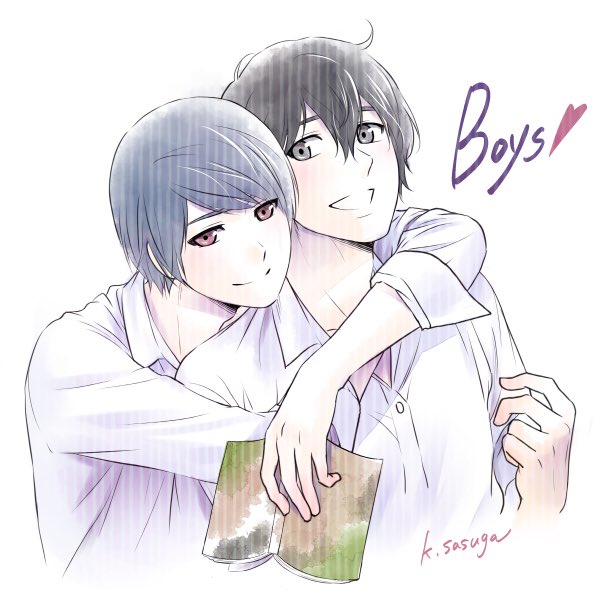 black_eyes black_hair blue_hair book domestic_na_kanojo english fujii_natsuo genderswap genderswap_(ftm) heart hug hug_from_behind male_focus multiple_boys red_eyes sasuga_kei signature smile tachibana_rui